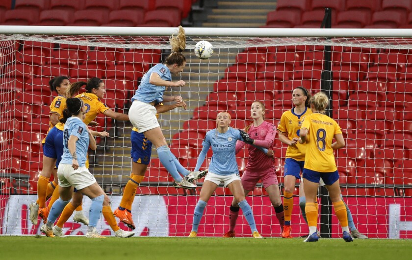 Manchester City's Sam Mewis scores during the Women's FA Cup final against Everton on Nov. 1 at Wembley stadium in London.