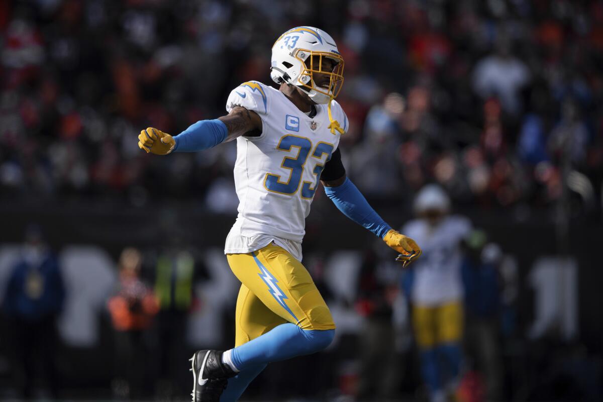 Chargers safety Derwin James Jr. celebrates against the Cincinnati Bengals on Dec. 5.