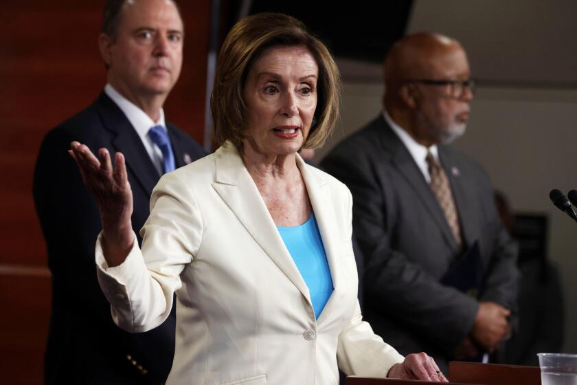 WASHINGTON, DC - JULY 01: U.S. Speaker of the House Rep. Nancy Pelosi (D-CA) (2nd L) speaks as Rep. Bennie Thompson (D-MS) (R) and Rep. Adam Schiff (D-CA) (L) listen during a weekly news conference at the U.S. Capitol July 1, 2021 in Washington, DC. Speaker Pelosi announced her appointments of House Democratic members to the select committee to investigate the January 6th attack on the U.S. Capitol. (Photo by Alex Wong/Getty Images)