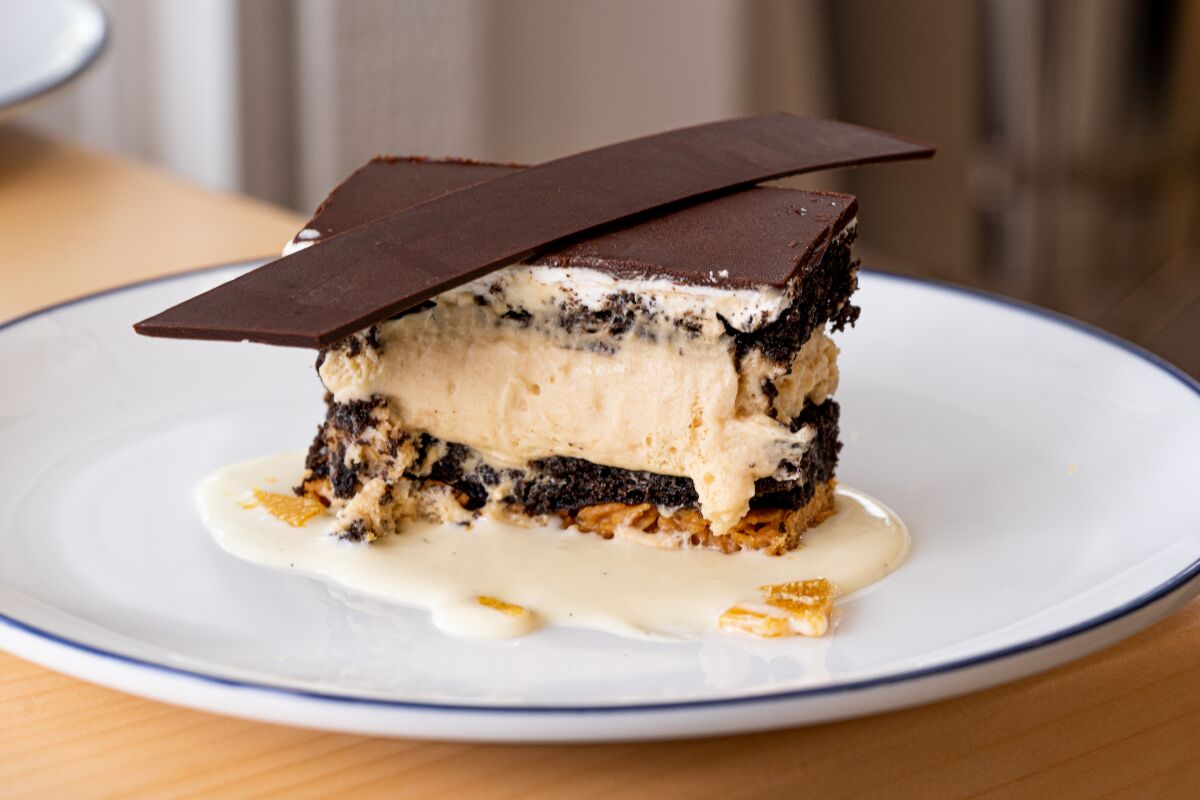 Candor's Peanut Butter Mousse Chocolate Cake comes with blistered marshmallow.