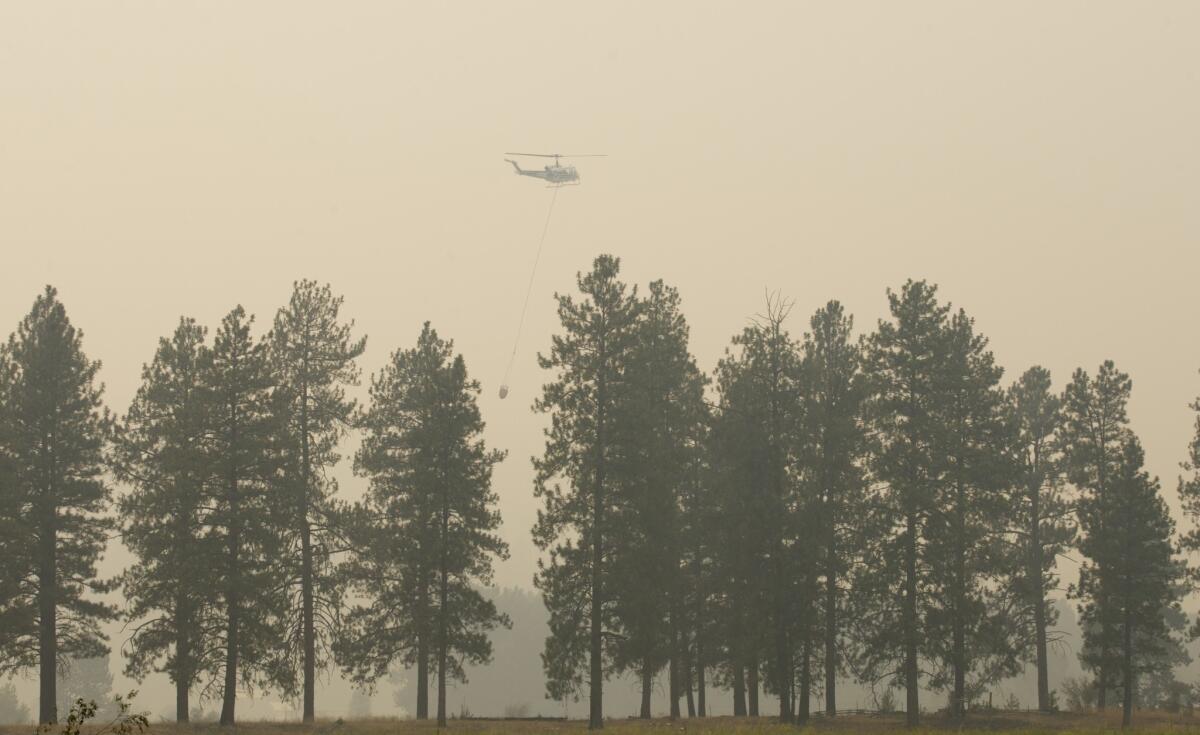 A firefighting helicopter battles the Carlton Complex fire in Washington state.