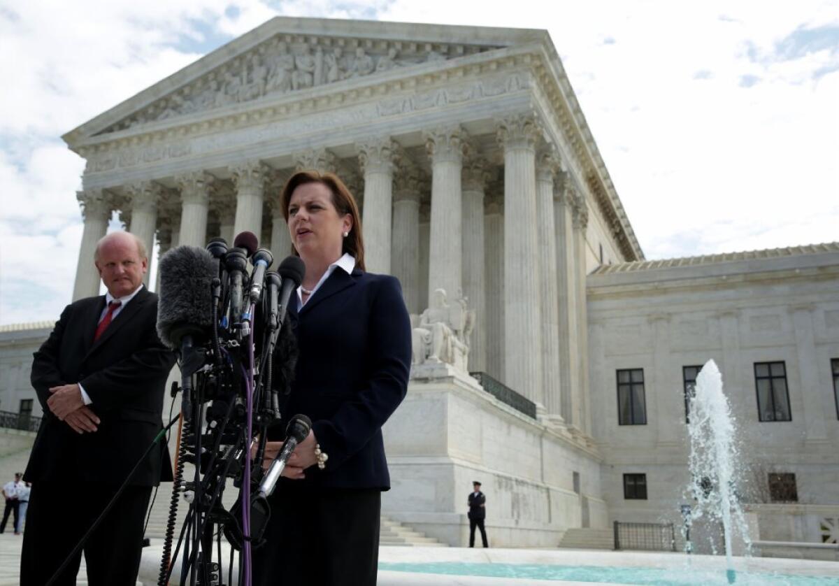 Susan B. Anthony List President Marjorie Dannenfelser speaks to members of the media in front of the U.S. Supreme Court about a case challenging the "false statement" law in Ohio.