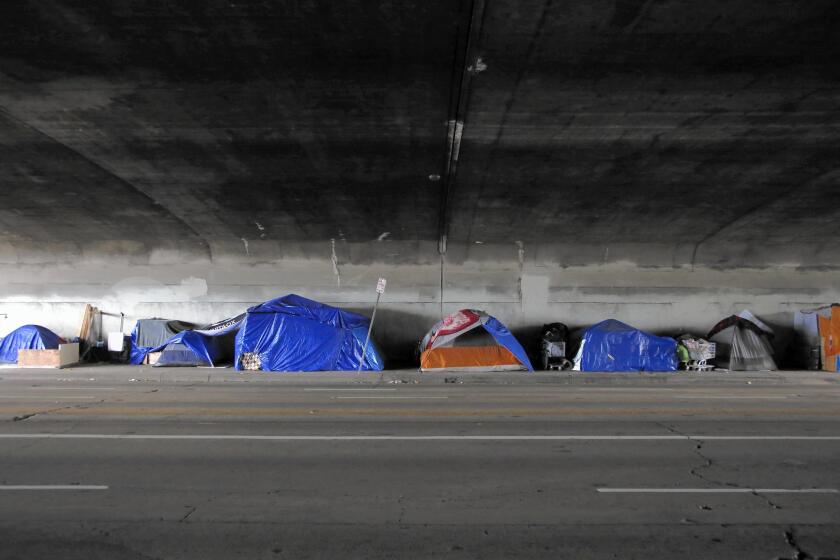 Tents line a homeless encampment on Alvarado Street near Echo Park.