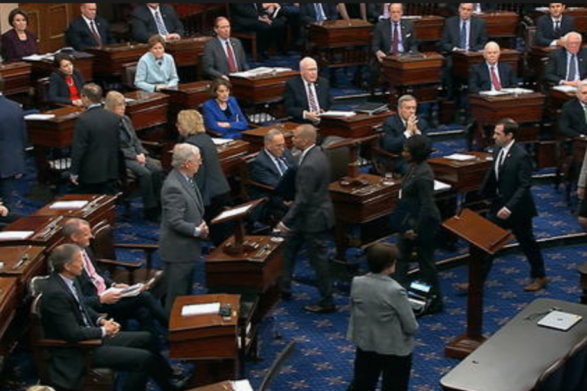 In this image from video, House impeachment managers depart the Senate chamber as the impeachment trial against President Donald Trump begins in the Senate at the U.S. Capitol in Washington, Thursday, Jan. 16, 2020. (Senate Television via AP)