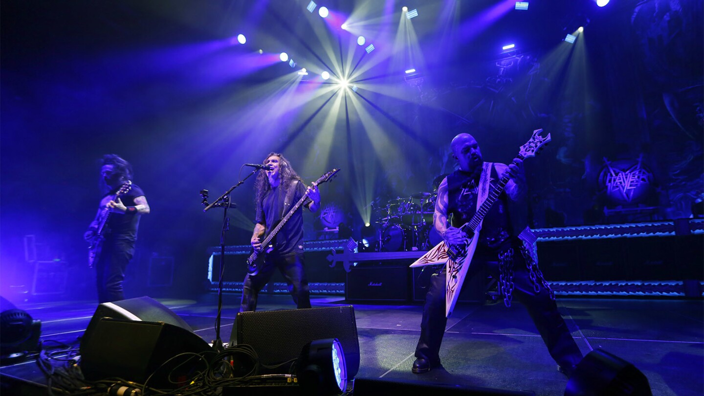 Bassist and singer Tom Araya, left, and guitarist Kerry King of the band Slayer play during the band's opening night of their farewell tour in San Diego on May 10, 2018. (Photo by K.C. Alfred/ San Diego Union -Tribune)