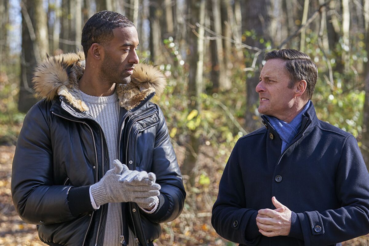 Two men in warm jackets stand outdoors among trees.