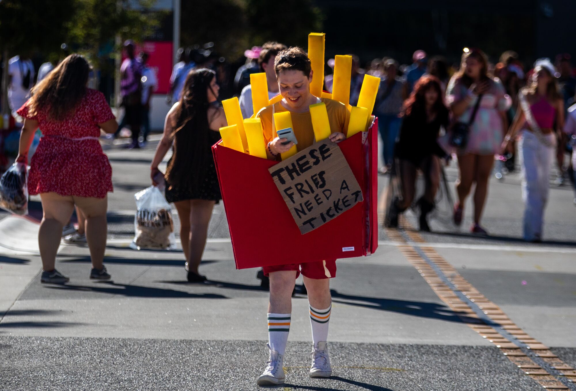 Taylor Swift fan Brandon Beltran arrives to SoFi Stadium wearing a fresh fry costume