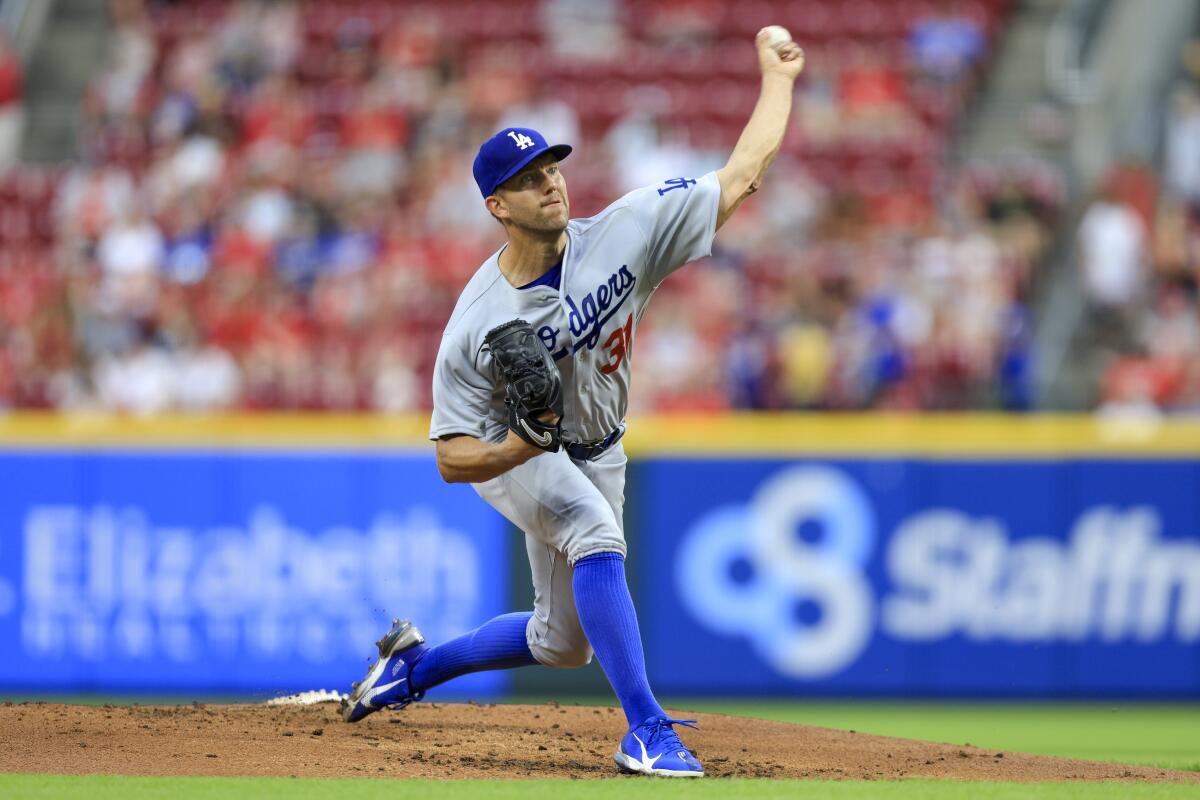 Dodgers' Tyler Anderson throws during the first inning against the Cincinnati Reds.