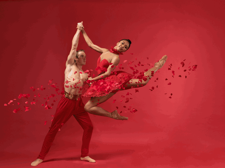 A slideshow features two dancers in red, a circus performer hanging from straps, and Judy Garland in “The Wizard of Oz”