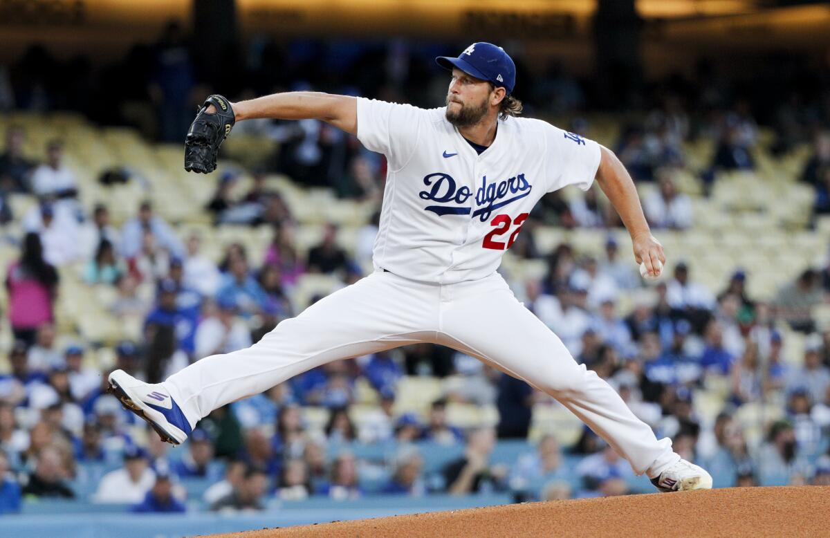 Dodgers starting pitcher Clayton Kershaw delivers against the Minnesota Twins at Dodger Stadium on May 16.