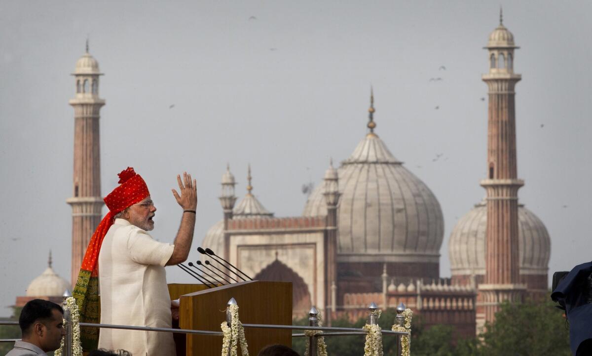 Indian Prime Minister Narendra Modi addresses the nation on the country's Independence Day from the ramparts of the historic Red Fort in New Delhi on Friday.