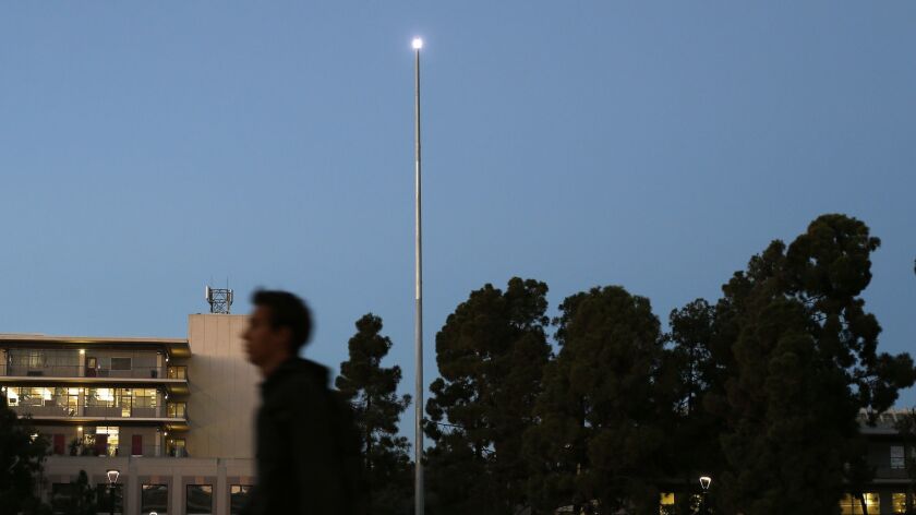 At UC San Diego, Los Angeles artist Mark Bradford created a 195-foot pole topped with a blinking lamp that transmits in Morse code the first message ever sent by telegraph: "What hath God wrought."