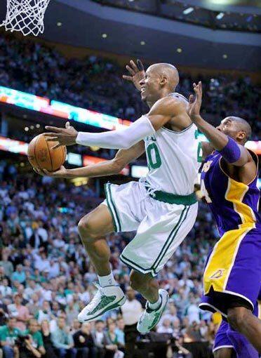 Celtics guard Ray Allen glides in for a reverse layup against Lakers guard Kobe Bryant in the second half of Game 4 on Thursday night.