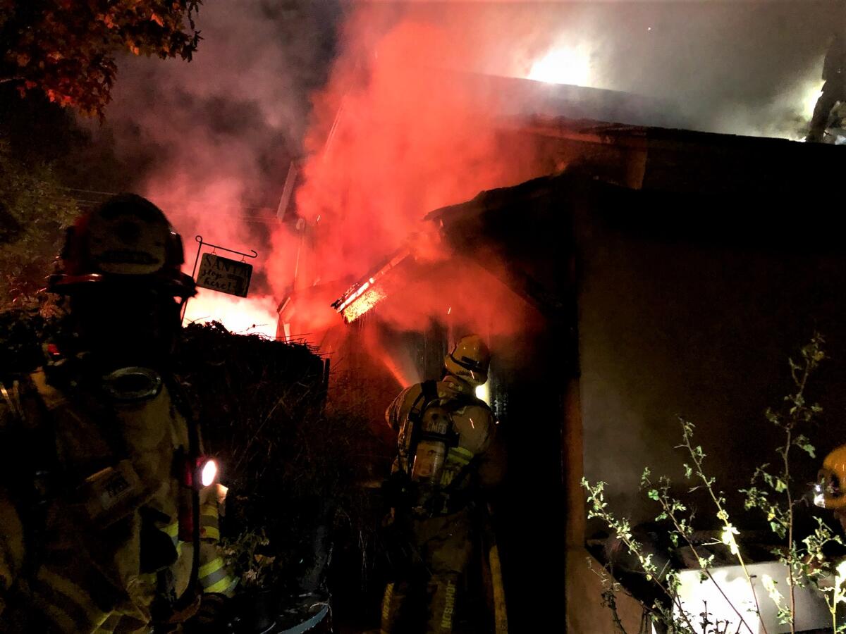 Fire crews on Saturday battled a blaze that broke out at an apartment on the 100 block of 21st Street in Costa Mesa.