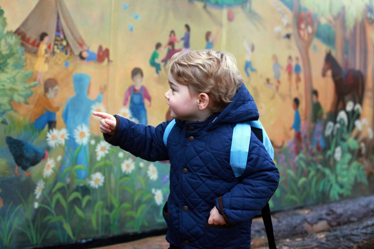 Prince George, 2, arrives for his first day at the Westacre Montessori nursery school in Norfolk.