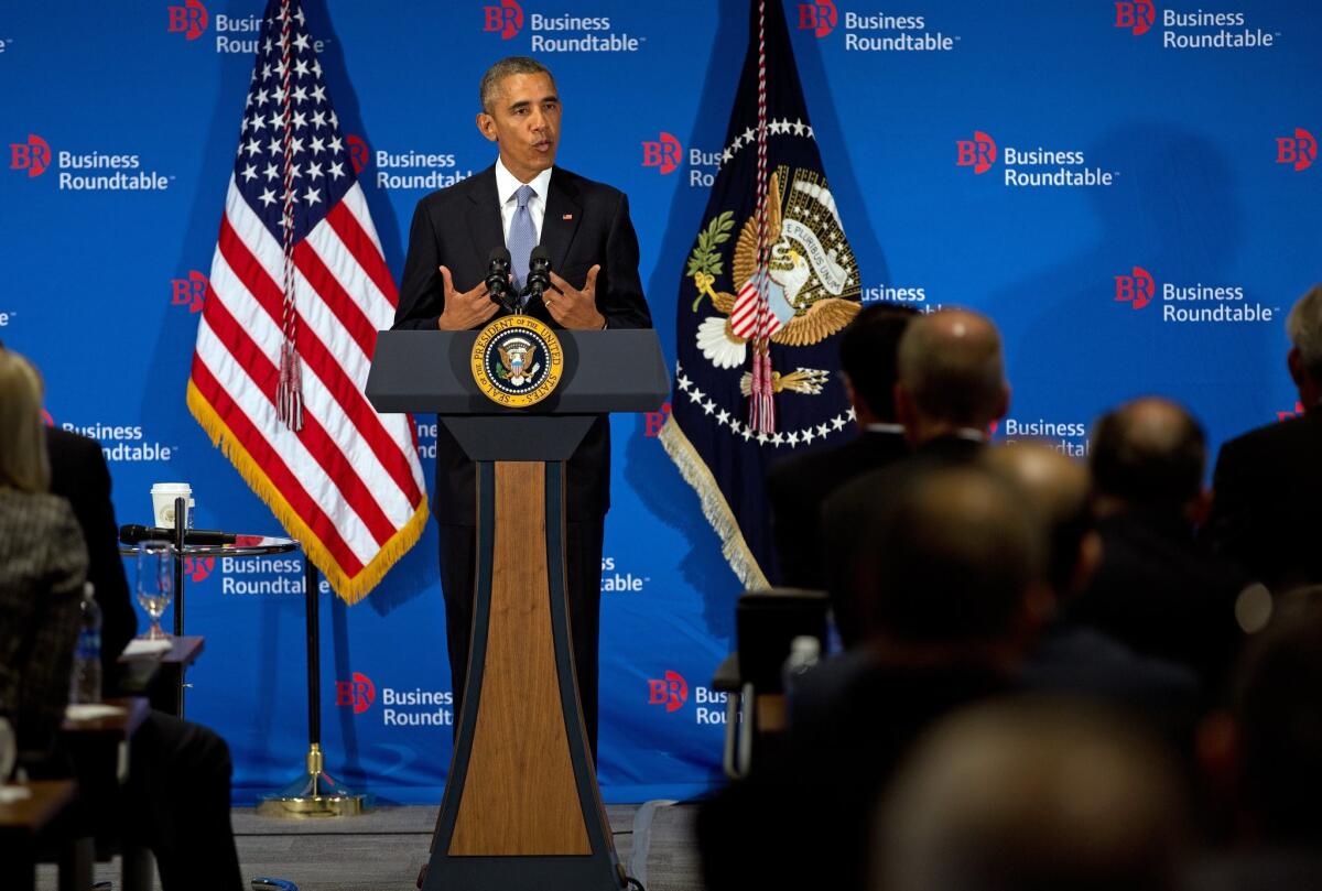 President Obama at an appearance with business leaders last month at which he touted the benefits of trade. Obama will need the support of business groups to win congressional approval of a proposed Pacific trade deal.