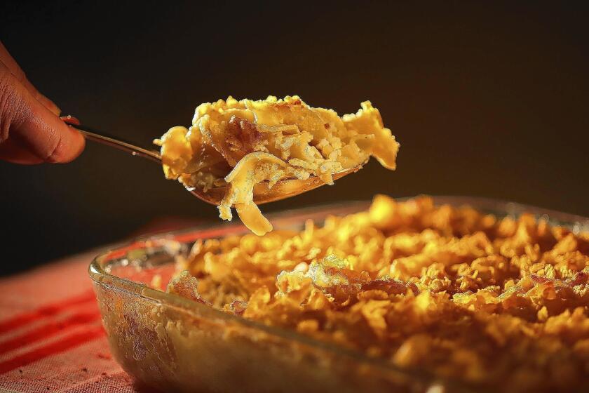 The noodle kugel at Brent's Deli is topped with cinnamon sugar and crushed cornflakes. Read the recipe »