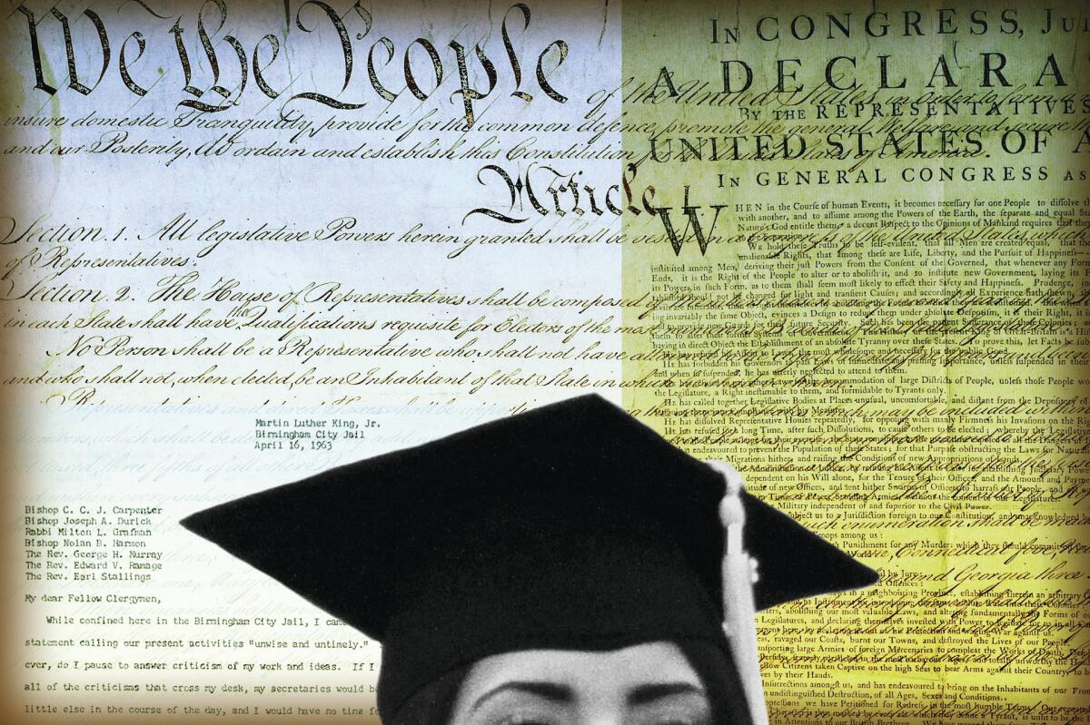 A photo of woman in a grad cap edited over the Constitution and Declaration of Independence texts