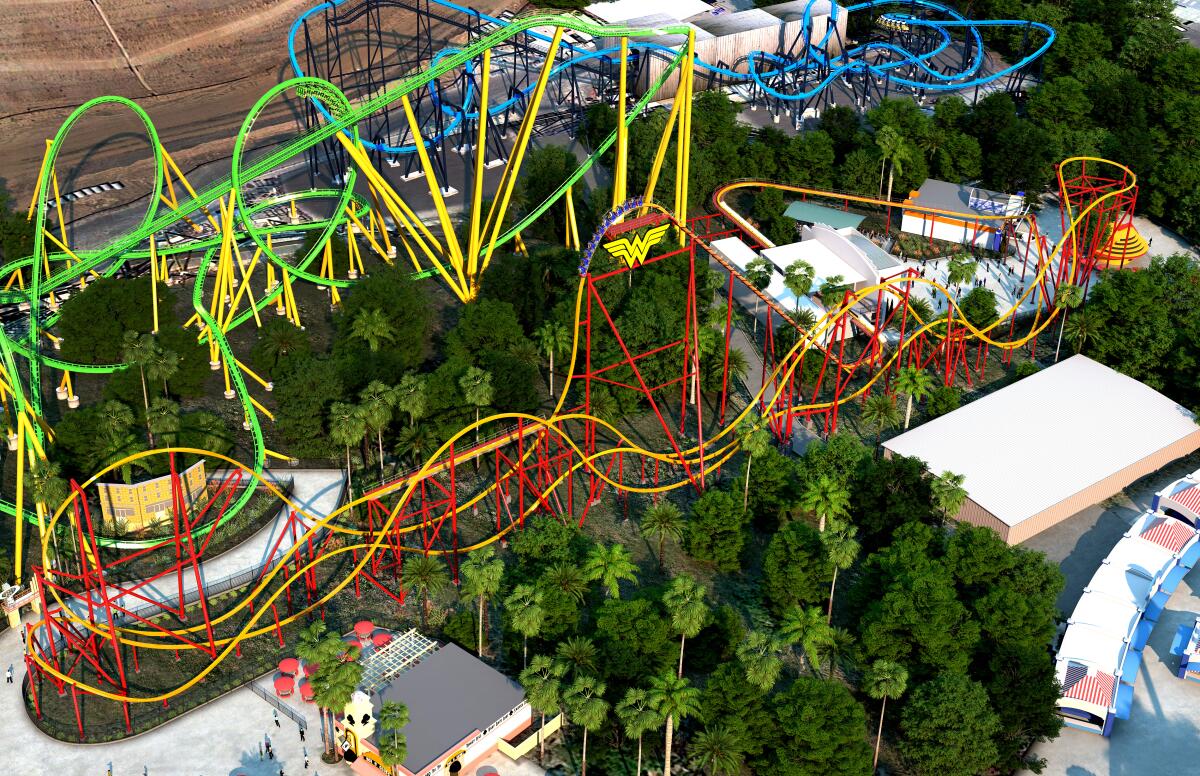 An artist's rendering of an aerial view of a planned roller coaster.