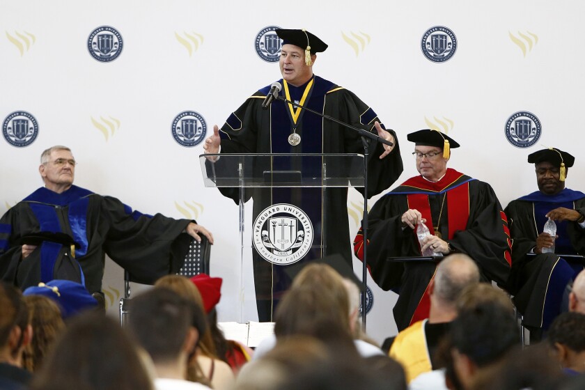 New Provost and Vice President of Academic Affairs, Ryan Hartwig, speaks during a ceremony on Thursday at Vanguard.