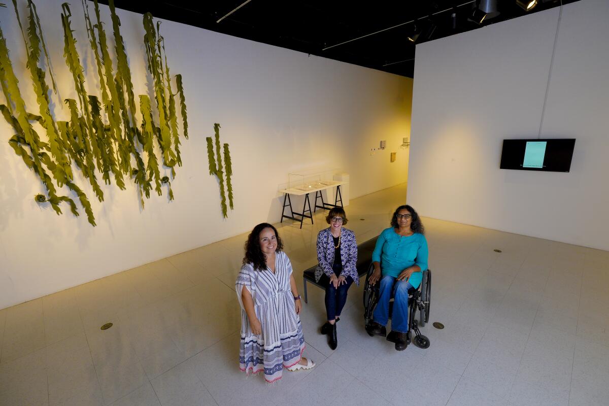 Three women pose for a portrait in an art gallery.