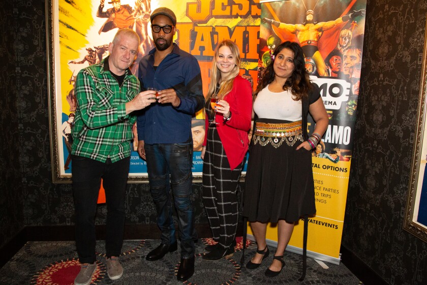 Tim League, from left, RZA, Rachel Walker and Anam Syed at the party for the new Alamo Drafthouse movie theater in downtown Los Angeles.