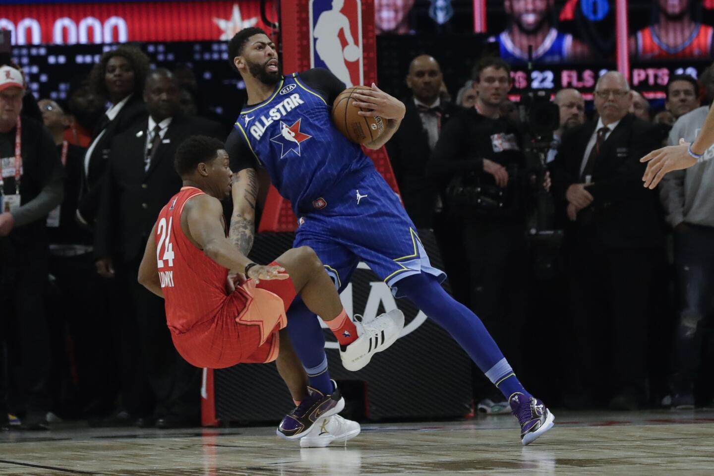 Lakers forward Anthony Davis is fouled by Raptors guard Kyle Lowry to set up the winning free throw during the 69th NBA All-Star game at the United Center in Chicago on Feb. 16, 2020.