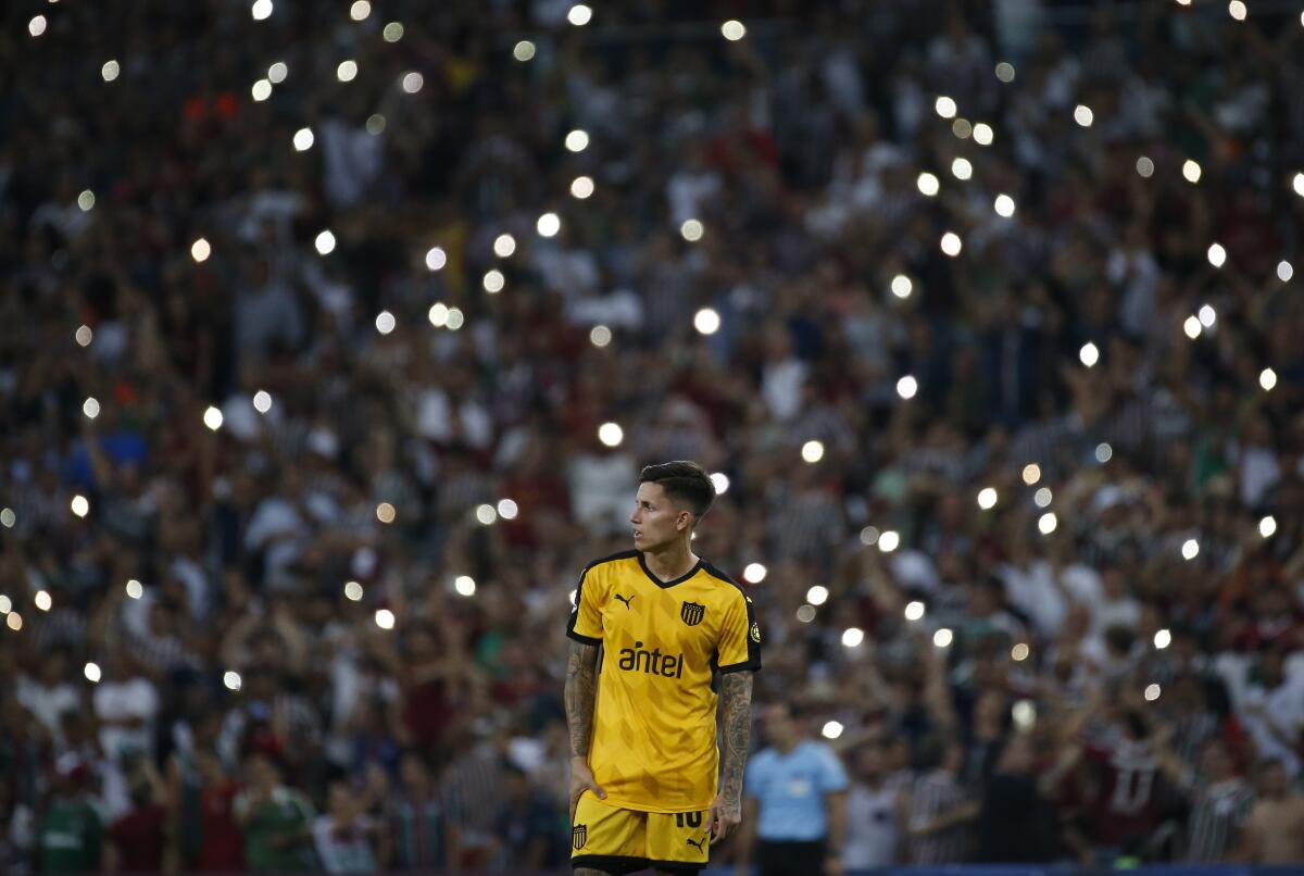 Brian Rodriguez of Uruguay's Penarol looks on during a Copa Sudamericana soccer match with Brazil's Fluminense in Rio de Janeiro, Brazil, Tuesday, July 30, 2019. (AP Photo/Leo Correa)