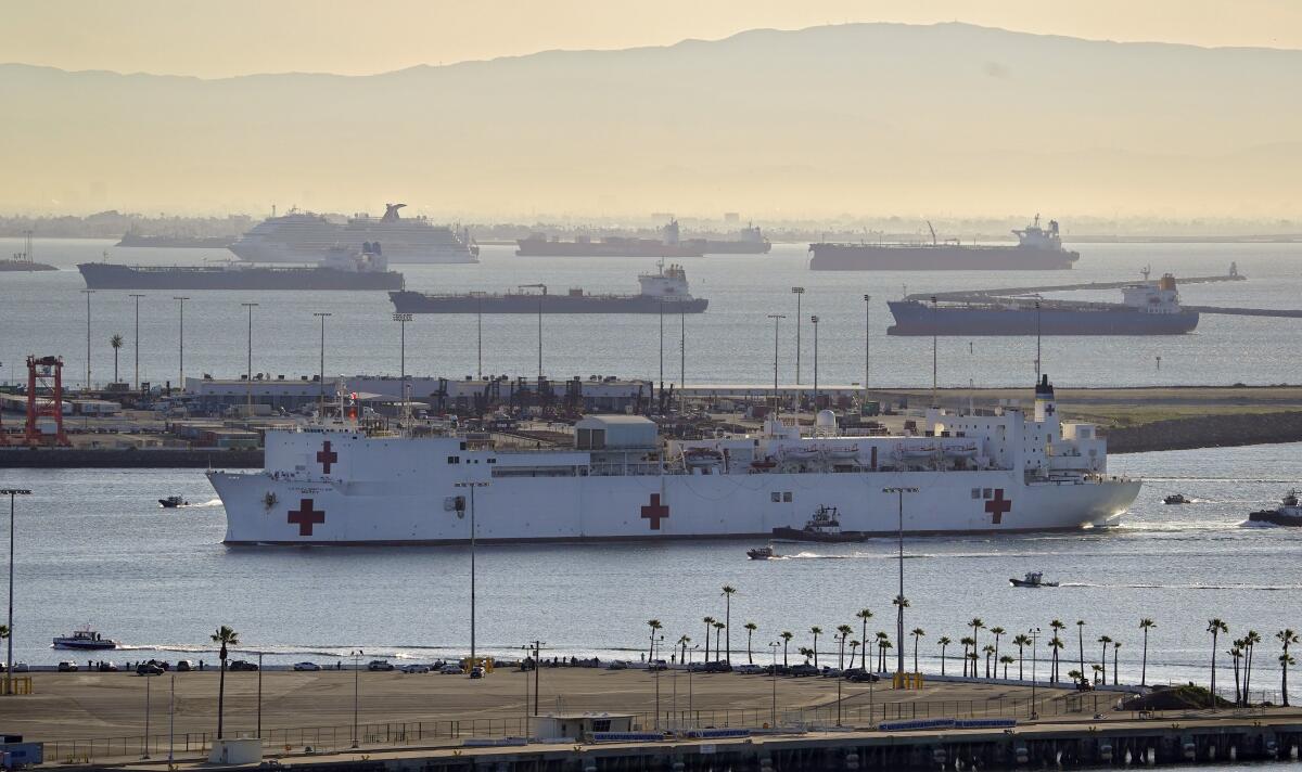 The USNS Mercy entered the Port of Los Angeles March 27. The The 1,000-bed Navy hospital ship is expected to help take the load off Los Angeles area hospitals.