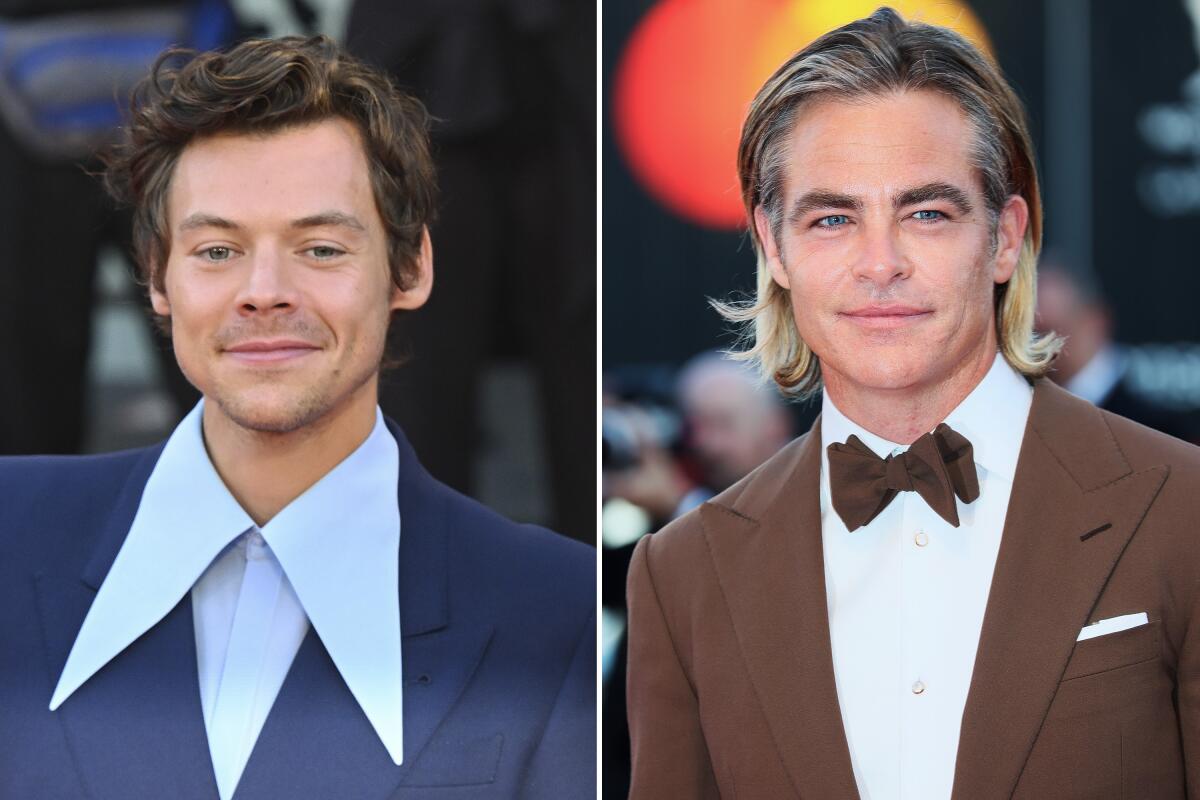 A photo of a brown-haired man in a blue suit next to a photo of a man with collar-length, blond-tipped hair in a brown suit