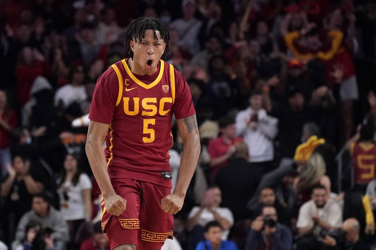 Southern California guard Boogie Ellis (5) celebrates during the second half of an NCAA college basketball game against UCLA Thursday, Jan. 26, 2023, in Los Angeles. (AP Photo/Mark J. Terrill)