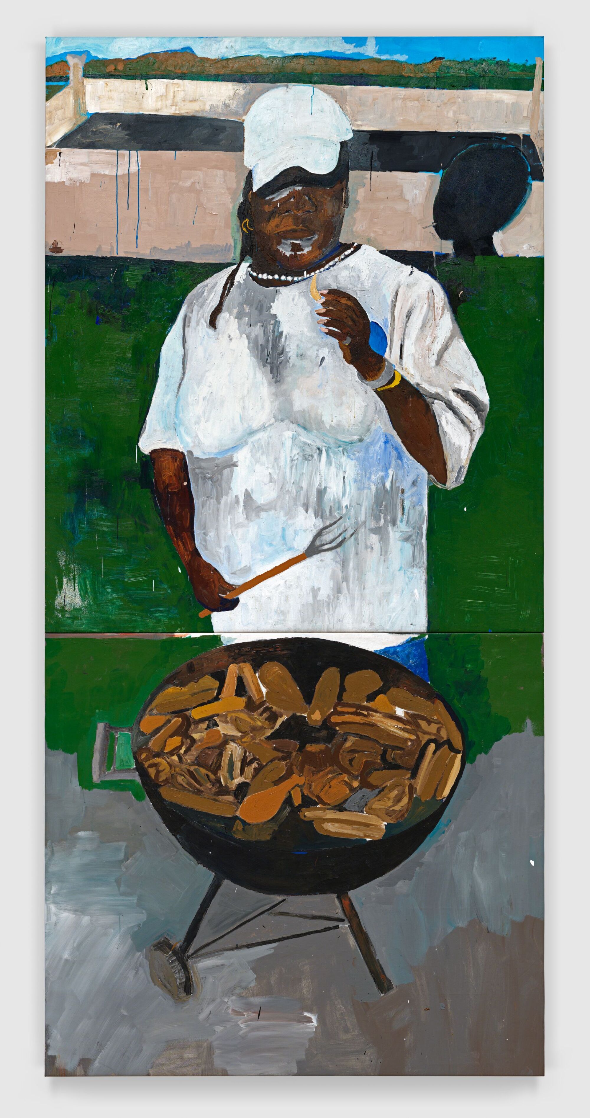 A vertical painting by Henry Taylor shows a faceless figure barbecuing before a landscape that resembles a prison yard. 