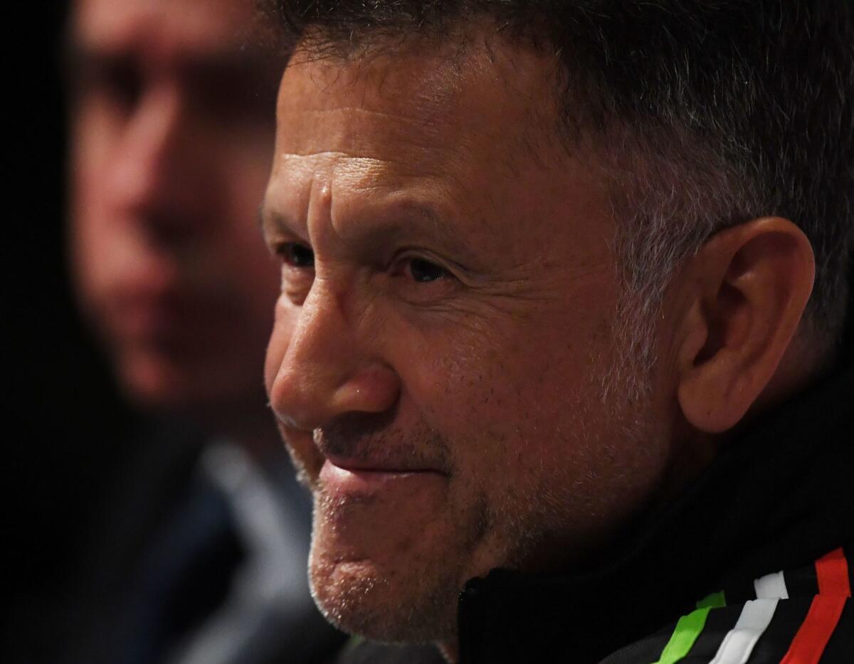 Mexico's coach Juan Carlos Osorio who is currently serving a six game ban, speaks during a press conference on the eve of their CONCACAF Gold Cup semi-final match against Jamaica in Pasadena, California, on July 22, 2017. / AFP PHOTO / Mark RALSTONMARK RALSTON/AFP/Getty Images ** OUTS - ELSENT, FPG, CM - OUTS * NM, PH, VA if sourced by CT, LA or MoD **
