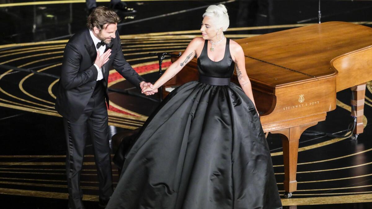 "A Star Is Born" director-actor Bradley Cooper and actress Lady Gaga perform at the 91st Academy Awards.