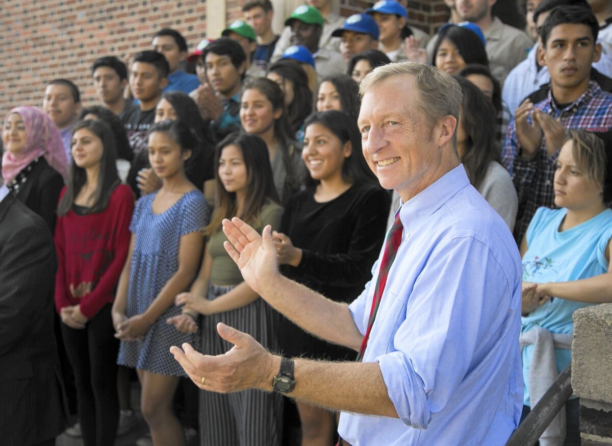Tom Steyer appears at John Marshall High School in Los Angeles. Steyer has decided not to run for the Senate.