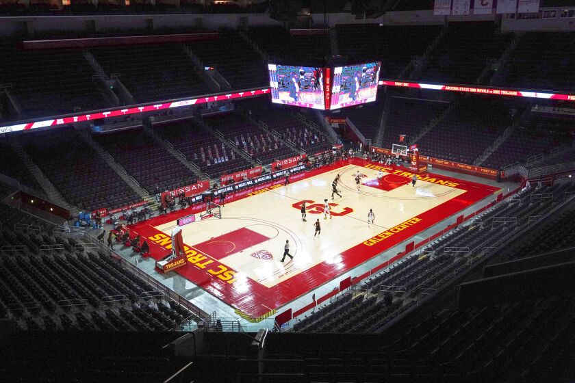 A general view of an empty Galen Center with no fans.