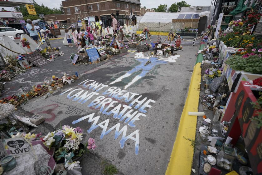 A general view shows the site where George Floyd was killed by then Minneapolis Police officer Derek Chauvin, as the kids took a field trip to the memorial, Thursday, June 24, 2021, in Minneapolis. Chauvin is scheduled to be sentenced Friday. (AP Photo/Julio Cortez)