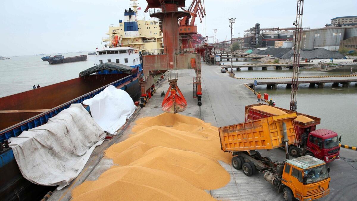 Workers load imported soybeans onto trucks at a port in China