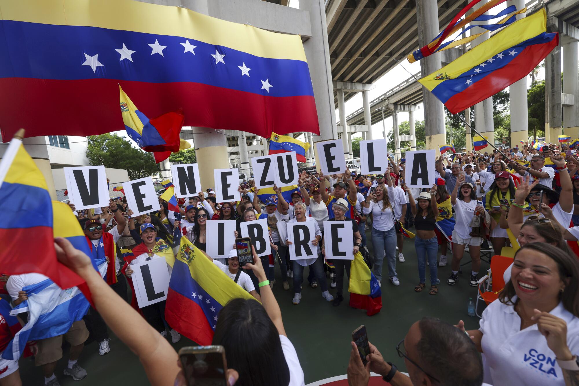 La gente lleva carteles con la leyenda "Venezuela Libre" durante una manifestación