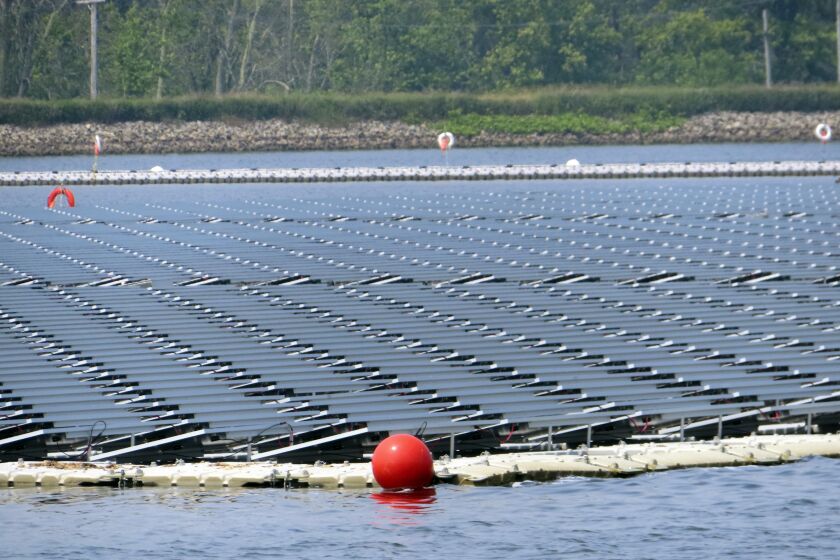 Solar panels from a project at a water treatment plant are shown Tuesday, June 6, 2023, in Millburn, N.J., that provides enough electricity to power 95% of the treatment facilities electrical needs. (AP Photo/Wayne Parry)