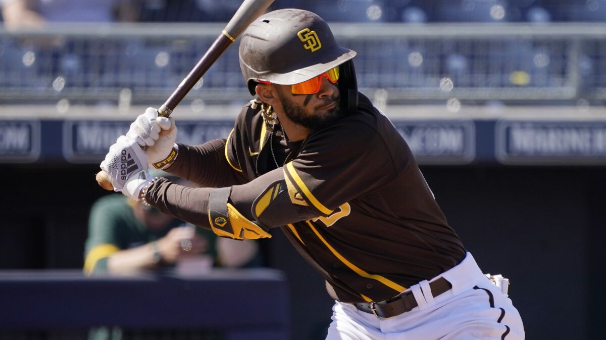 San Diego Padres' Fernando Tatis Jr. bats during a spring training baseball game