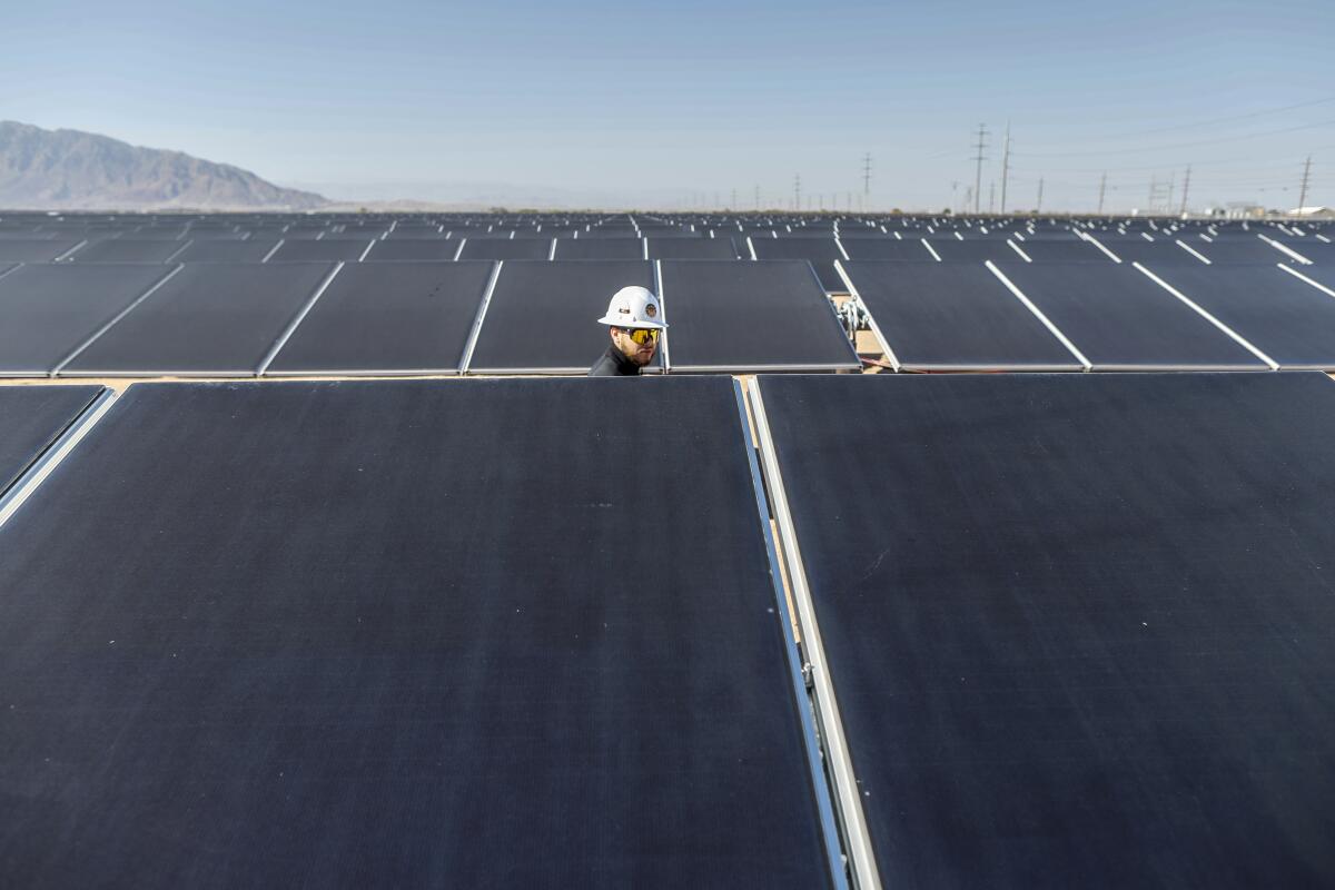 A technician inspects a solar panel system 