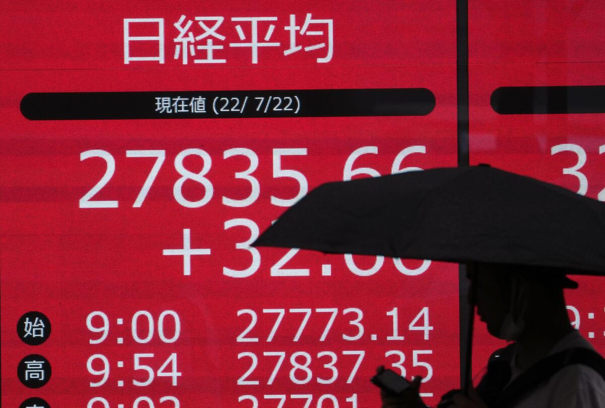 A person walks past an electronic board showing the Nikkei 225 stock index at a securities company in Tokyo, Friday, July 22, 2022. Asian shares were mostly higher on Friday after another day of gains on Wall Street amid a deluge of news about the economy, interest rates and corporate profits. (AP Photo/Shuji Kajiyama)