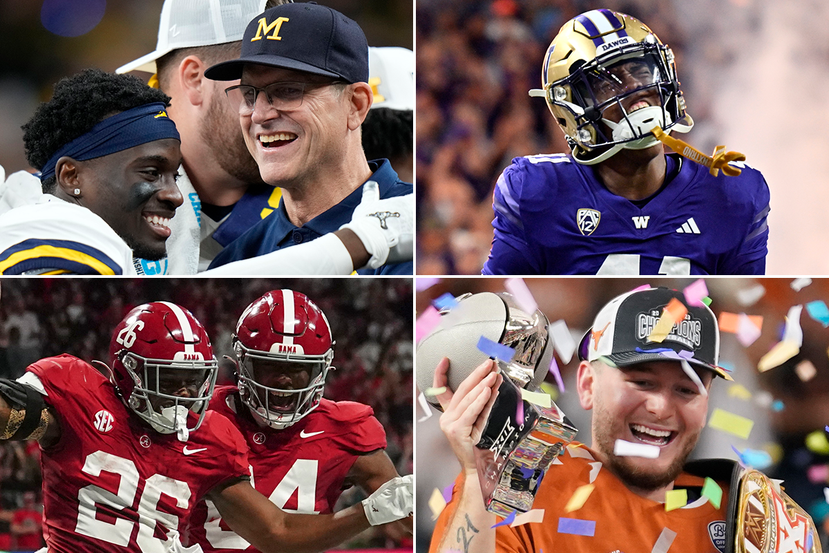 Four photos of Michigan, Washington, Alabama and Texas players.