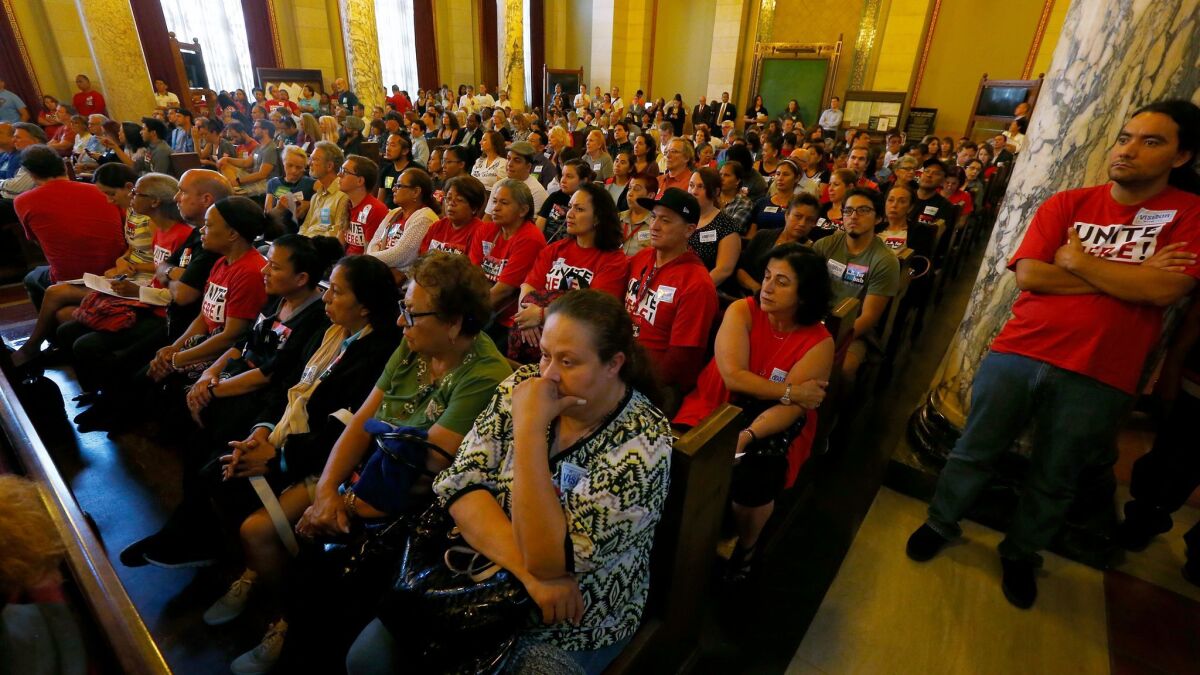 An overflow crowd filled the Los Angeles City Council chamber in June 2016 as the L.A. City Planning Commission considered imposing new regulations on Airbnb and other websites that help Angelenos rent out rooms or whole homes for short stays.