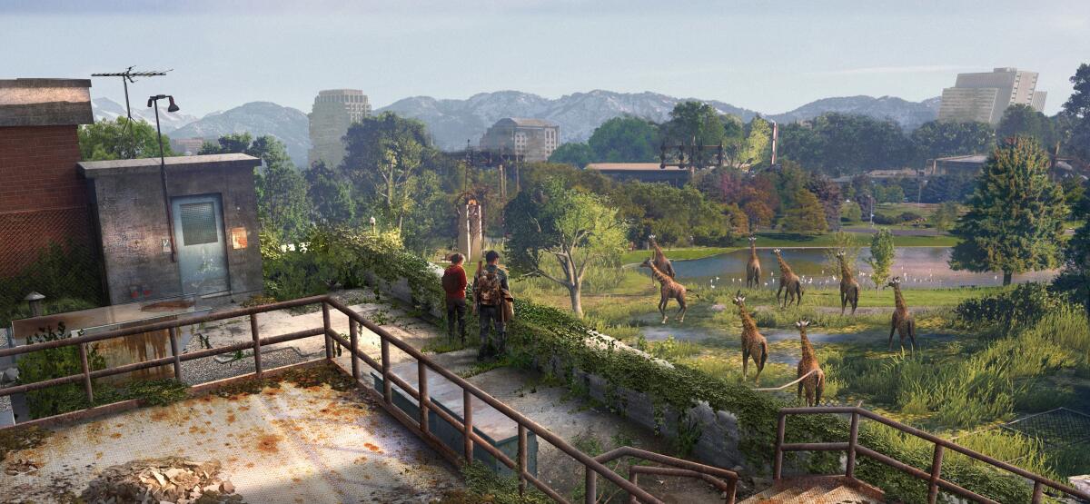 In concept art from "The Last of Us," Joel and Ellie come upon free-roaming giraffes in the remains of Salt Lake City.