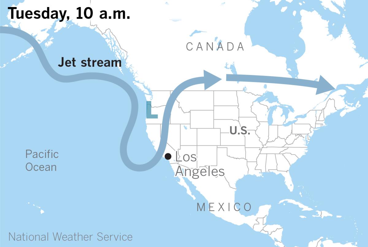 Map shows the jet stream pattern of a strong Pacific storm.