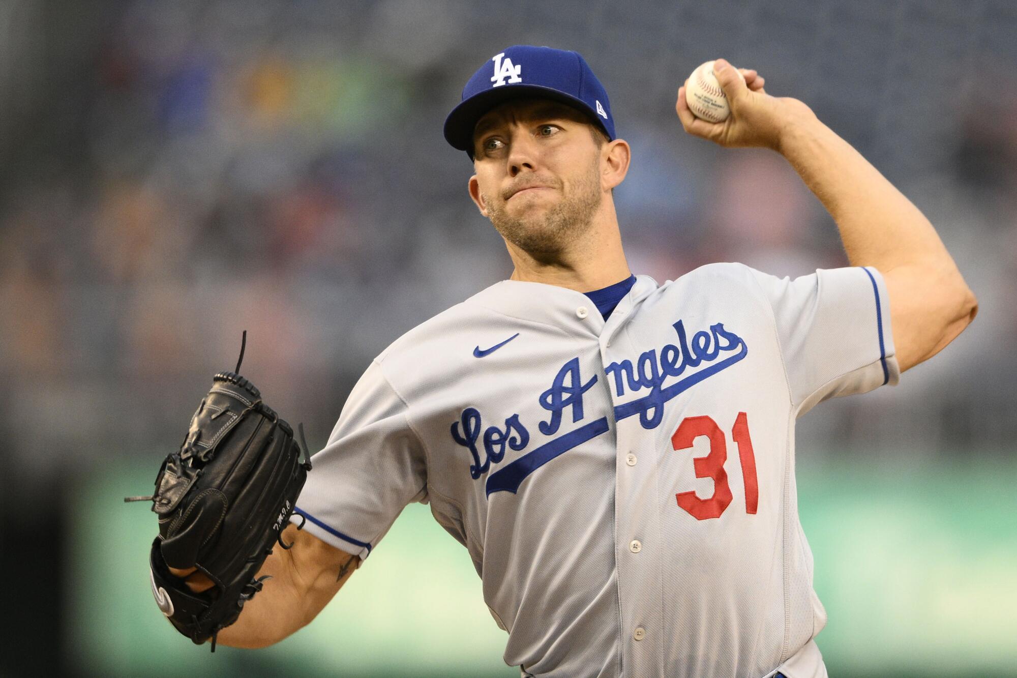 Dodgers starting pitcher Tyler Anderson delivers against the Washington Nationals on May 23.