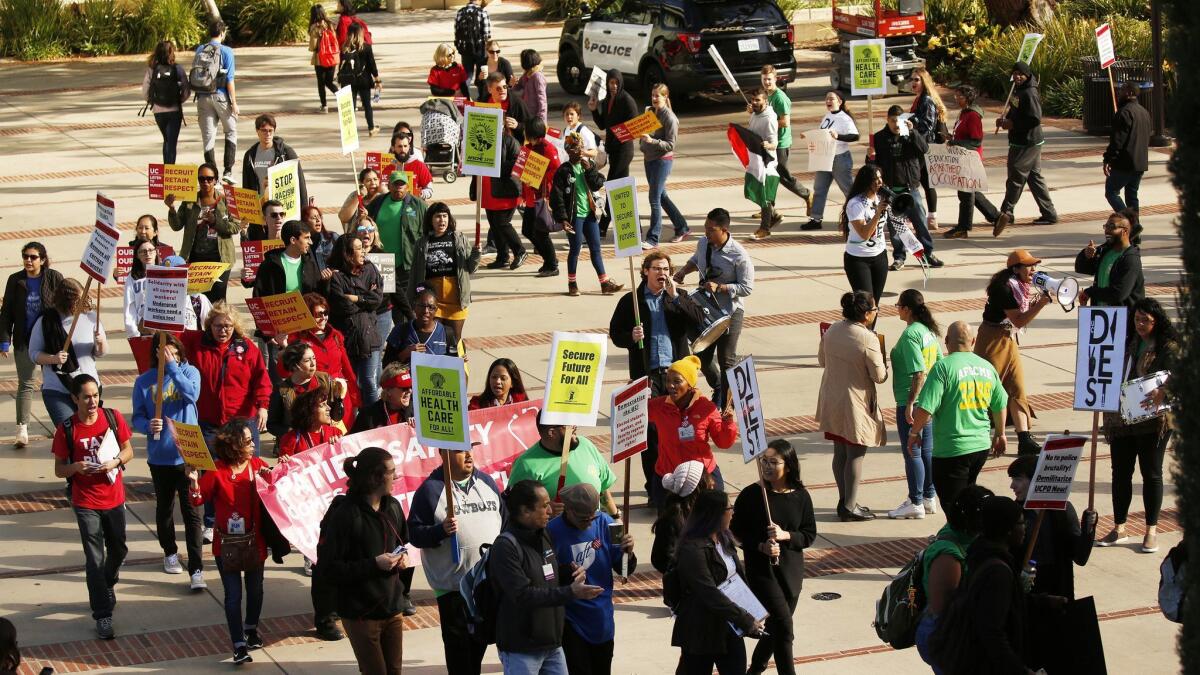 The University of California's largest employee union, the American Federation of State, County and Municipal Employees Local 3299, plans a three-day strike beginning Monday. Members protested at a UC regents meeting at UCLA in March.