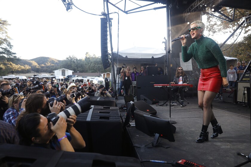 Katy Perry performs during Sunday's One Love Malibu benefit at the King Gillette Ranch.